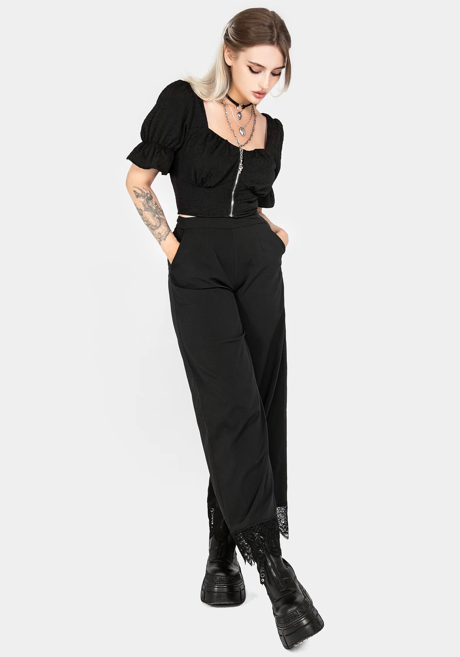 Araneo Lace Hem Wide Leg Trousers - Image 7