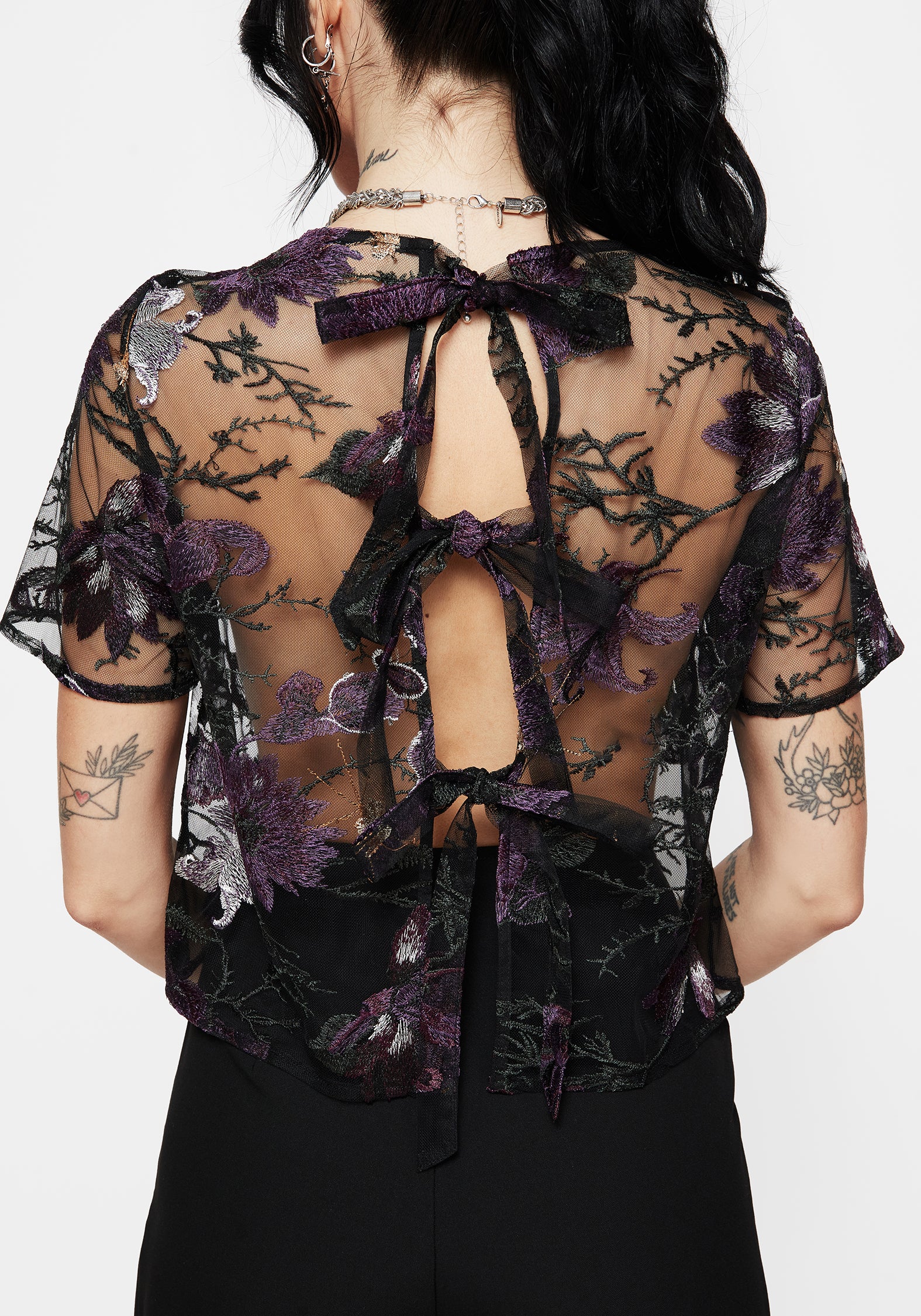 Estrid Embroidered Mesh Tie Back Blouse Top - Image 3
