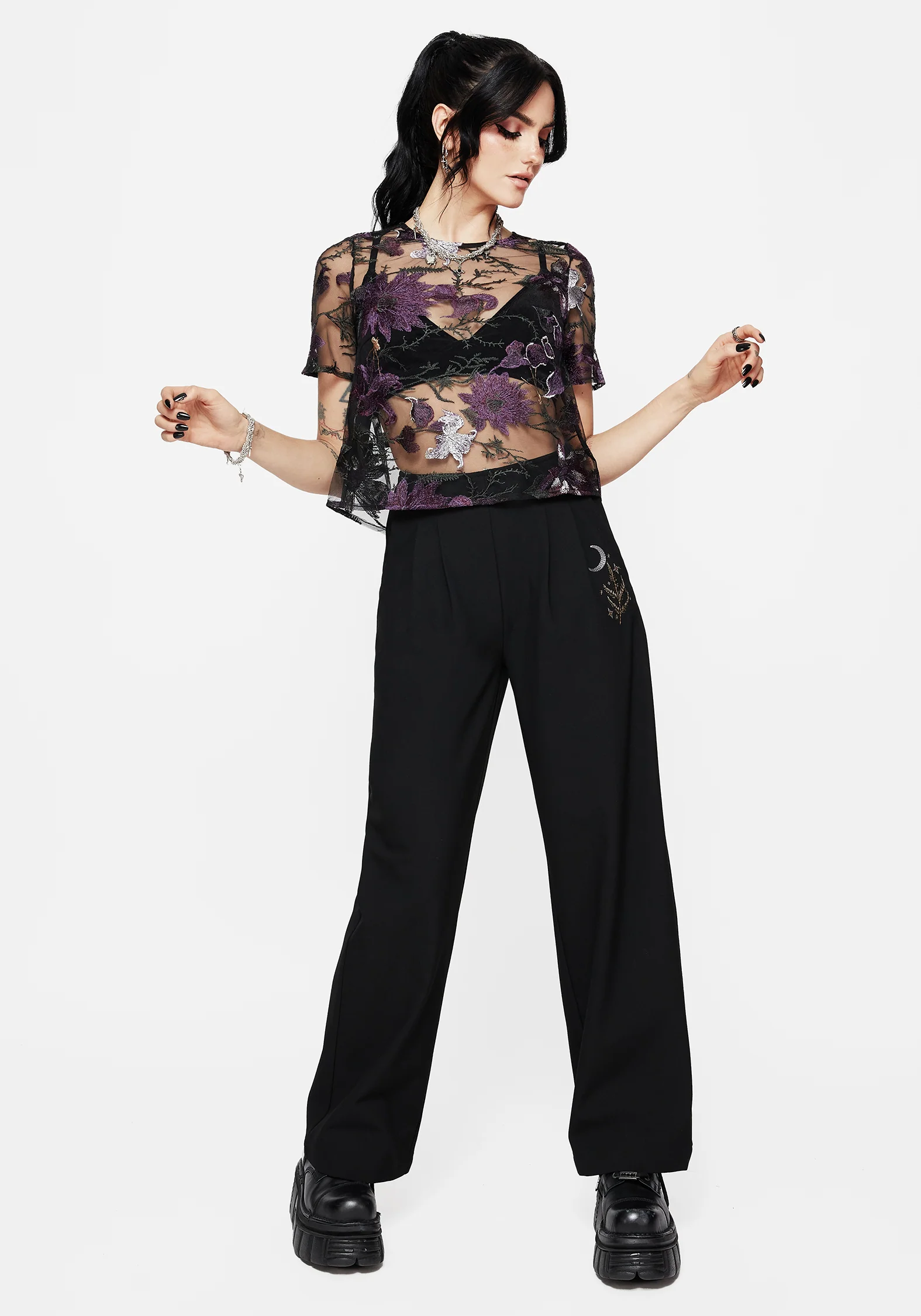 Estrid Embroidered Mesh Tie Back Blouse Top - Image 5
