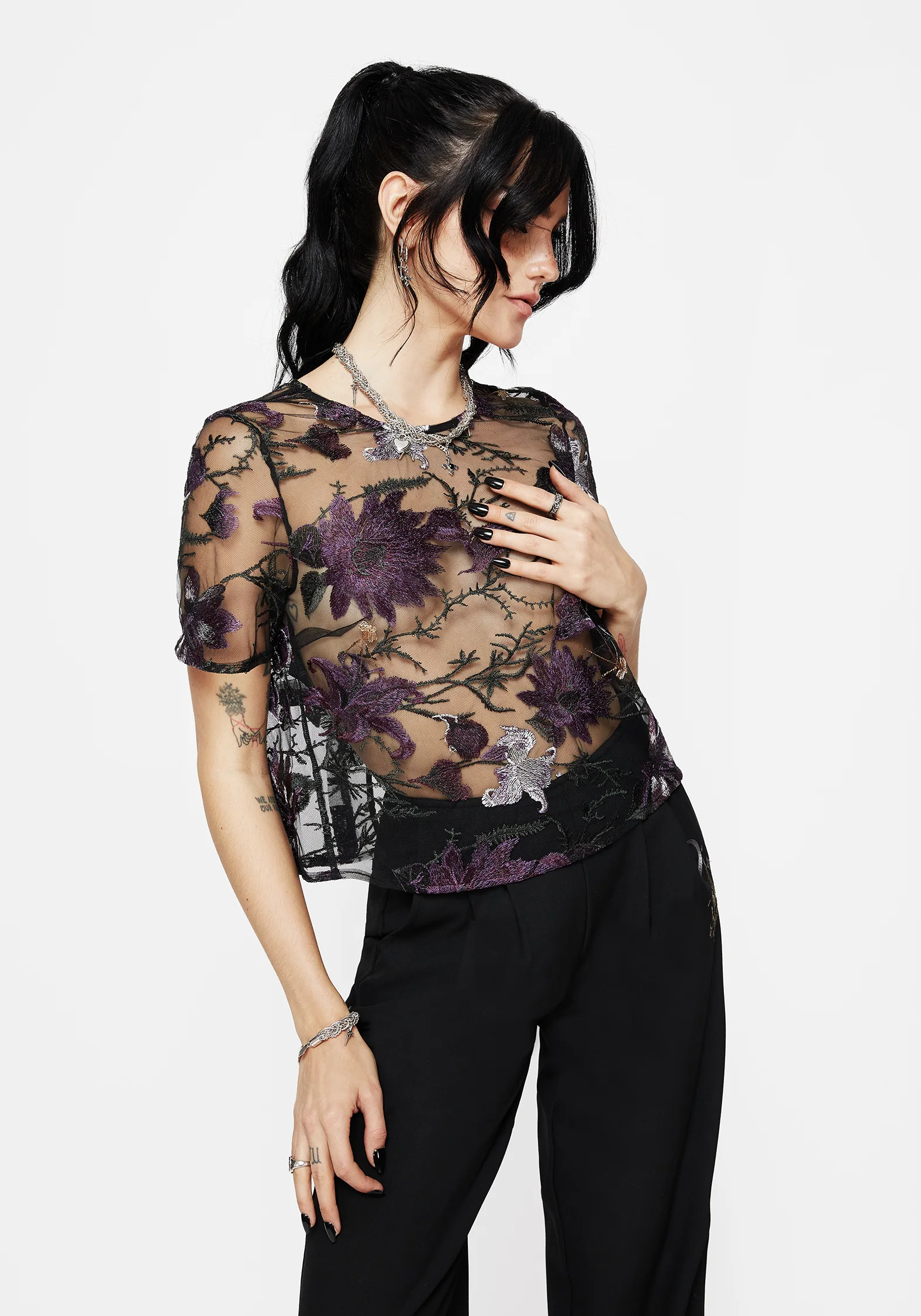 Estrid Embroidered Mesh Tie Back Blouse Top - Image 7