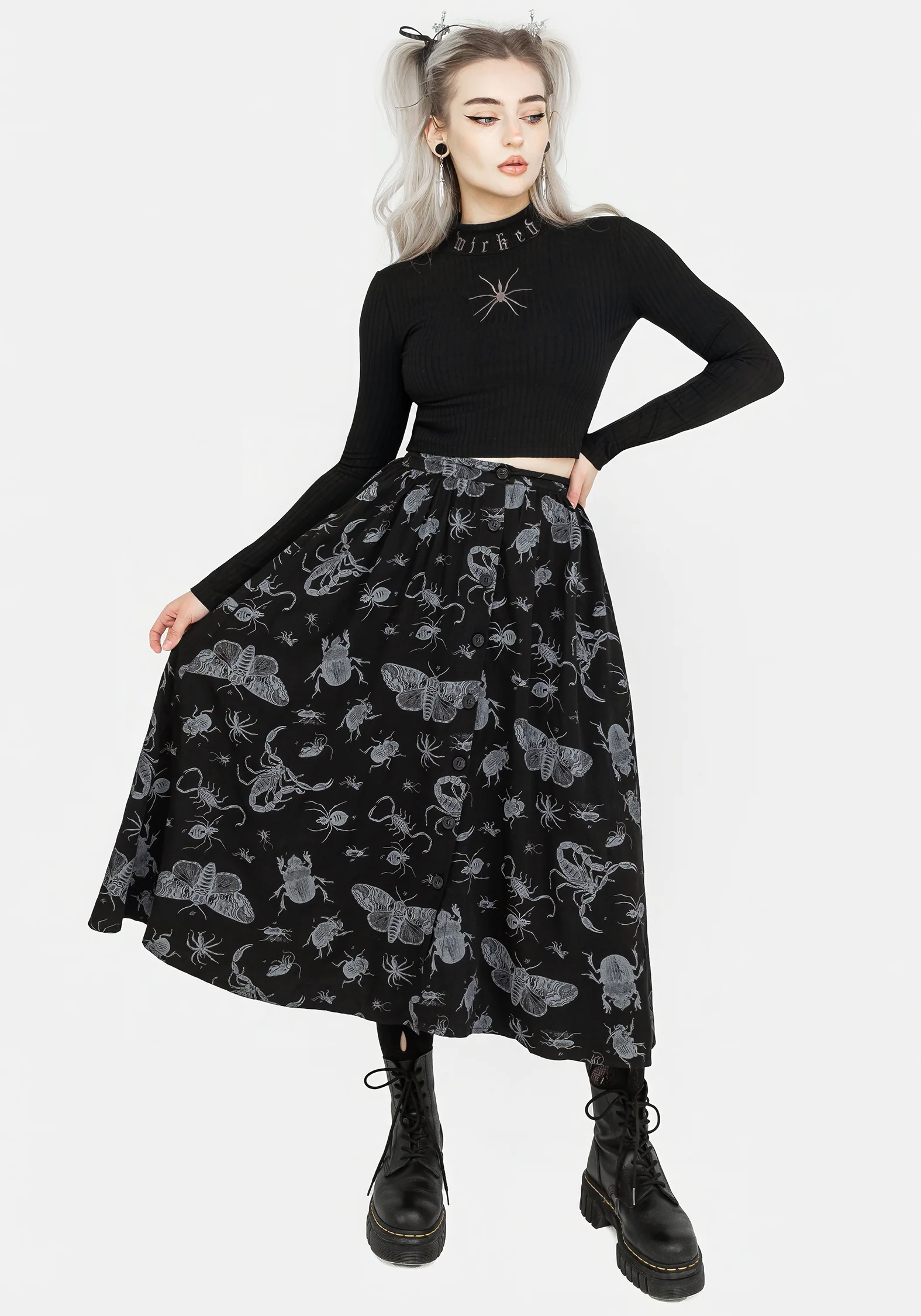 Parasite Bugs Button Front Midi Skirt - Black - Image 4