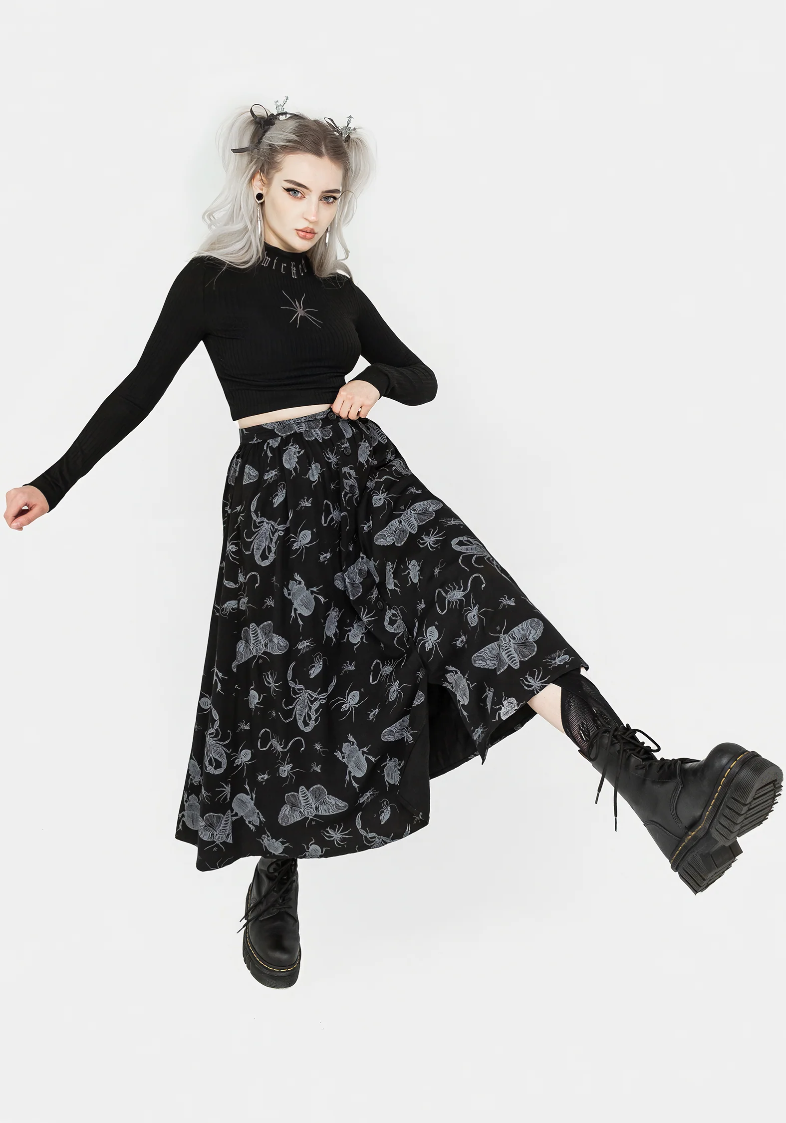 Parasite Bugs Button Front Midi Skirt - Black - Image 5