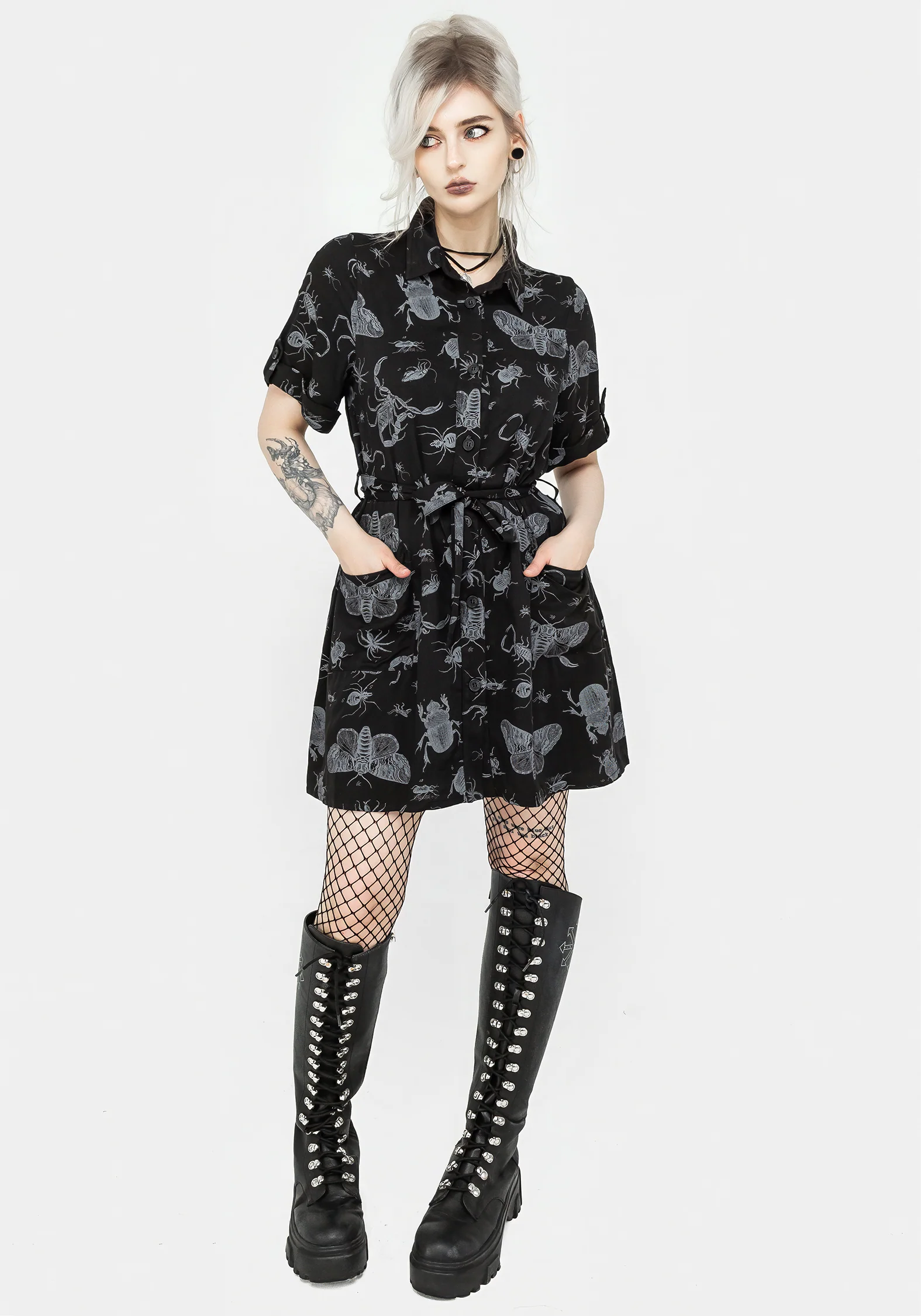 Parasite Bugs Short Sleeve Mini Shirt Dress - Black - Image 4