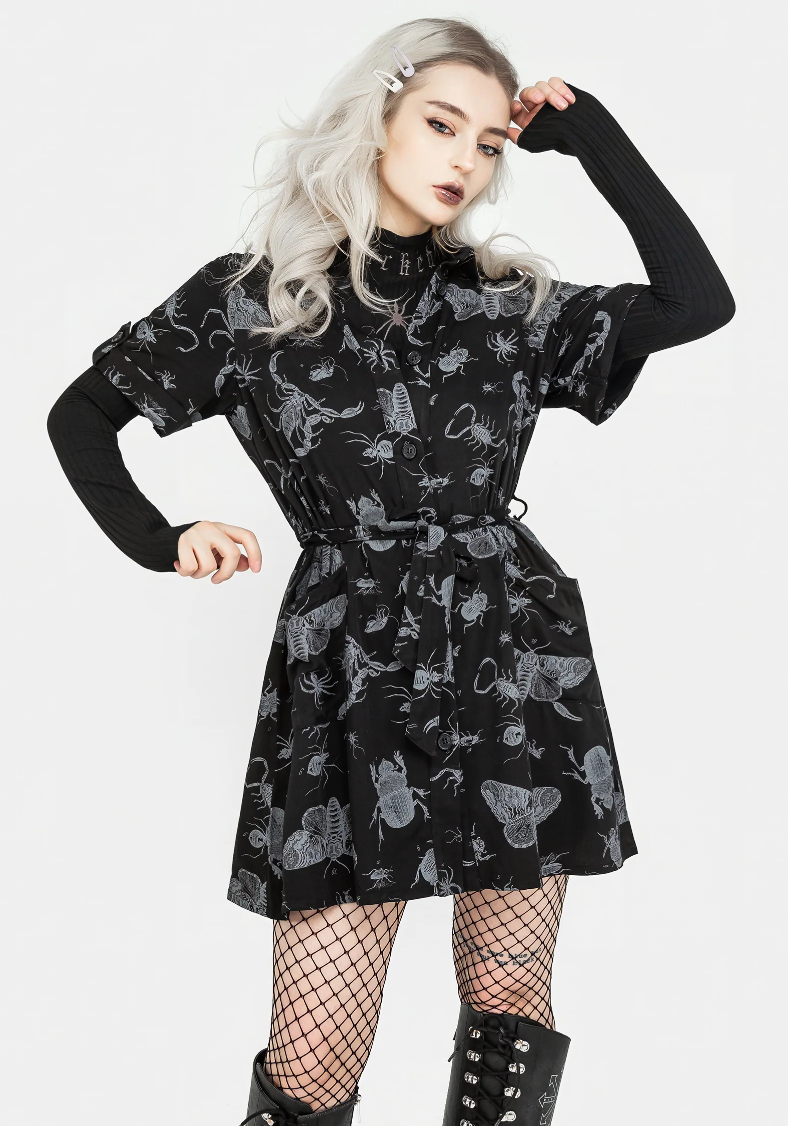 Parasite Bugs Short Sleeve Mini Shirt Dress - Black - Image 5