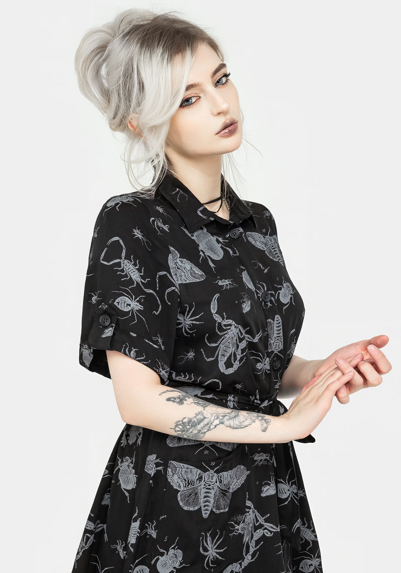 Parasite Bugs Short Sleeve Mini Shirt Dress - Black - Image 6