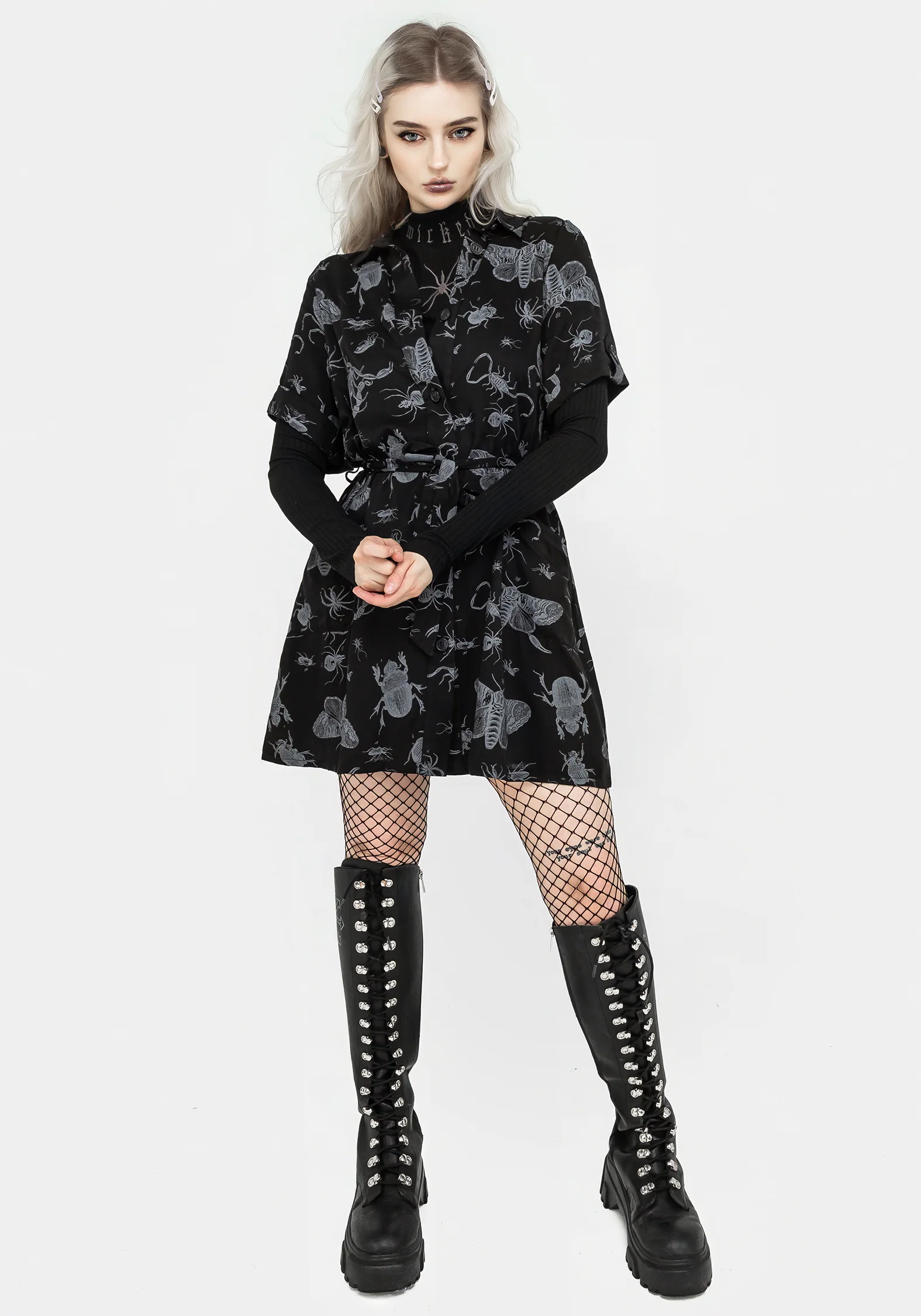 Parasite Bugs Short Sleeve Mini Shirt Dress - Black - Image 7