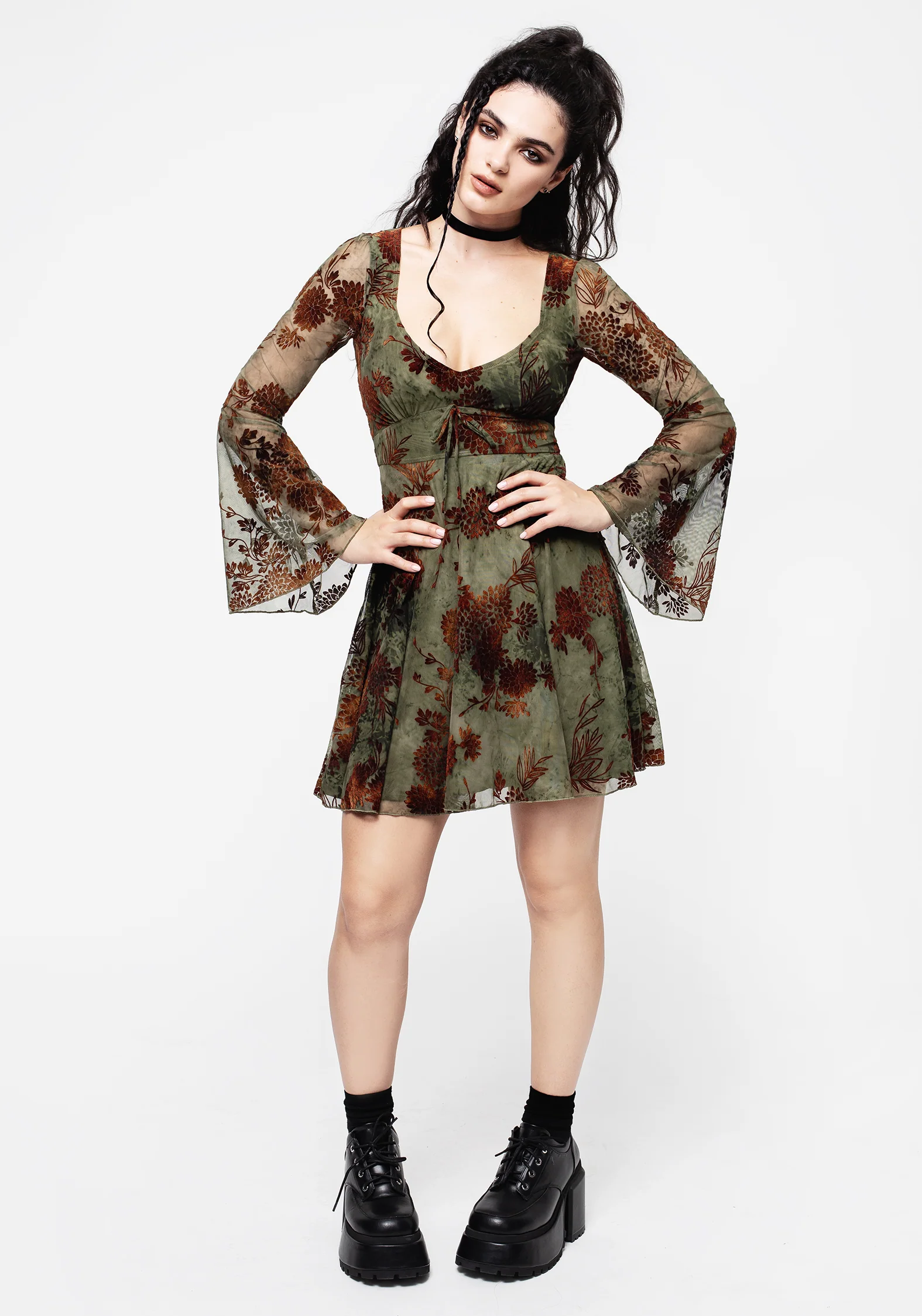 Rosaleigh Flock Velour Mesh Flare Sleeve Mini Dress - Image 4