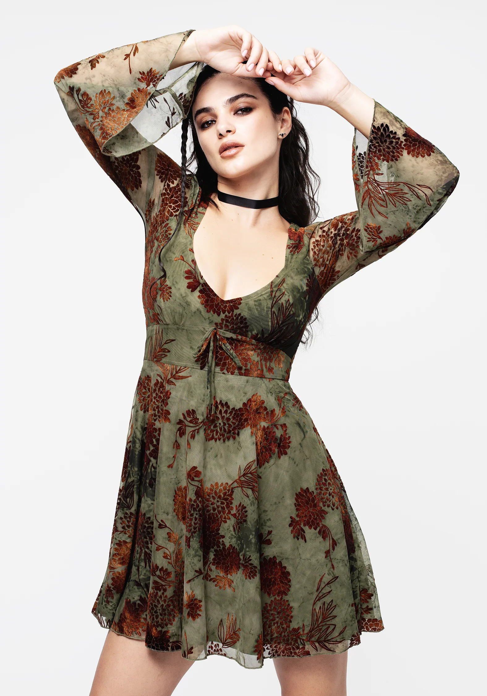 Rosaleigh Flock Velour Mesh Flare Sleeve Mini Dress - Image 5