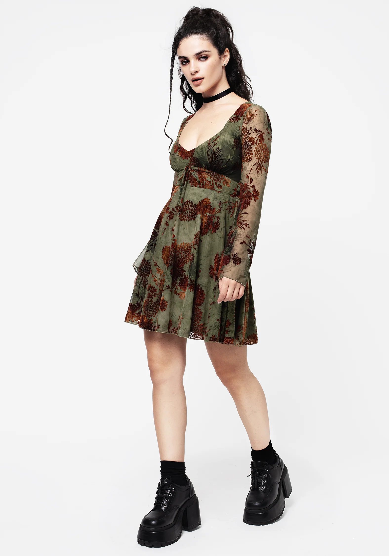 Rosaleigh Flock Velour Mesh Flare Sleeve Mini Dress - Image 6