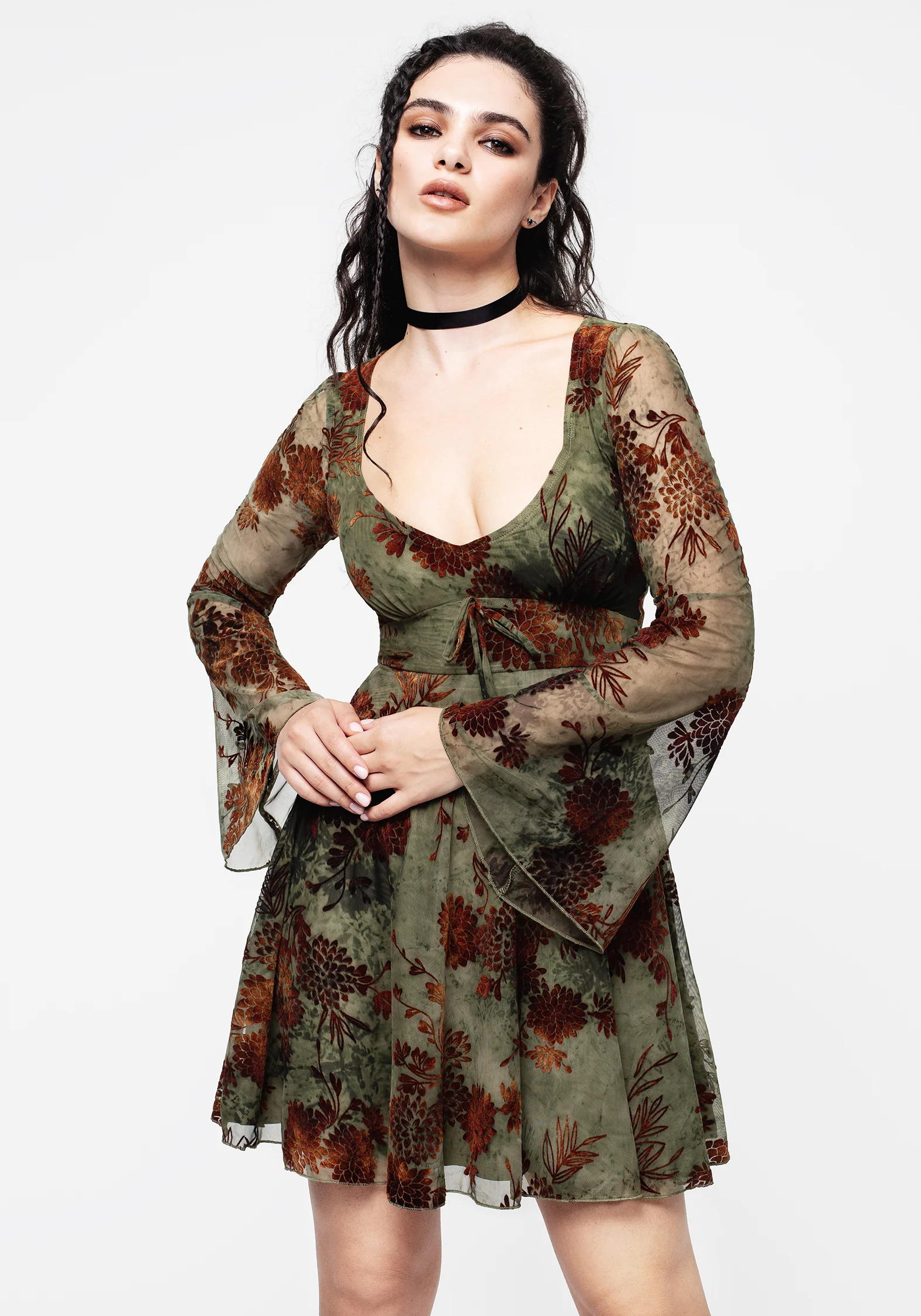 Rosaleigh Flock Velour Mesh Flare Sleeve Mini Dress - Image 7