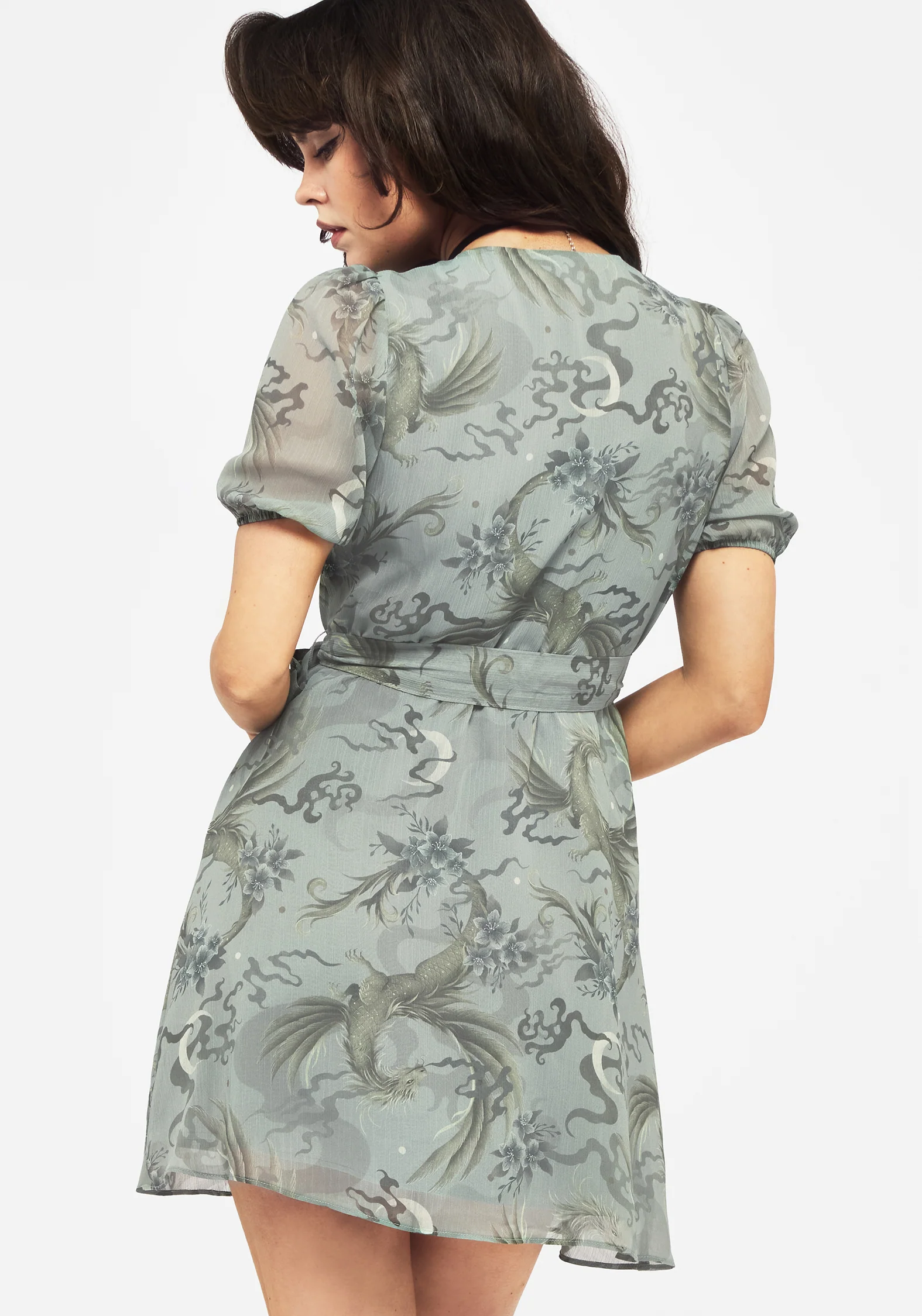 Sapphira Dragon Print Chiffon Mini Wrap Dress - Image 3