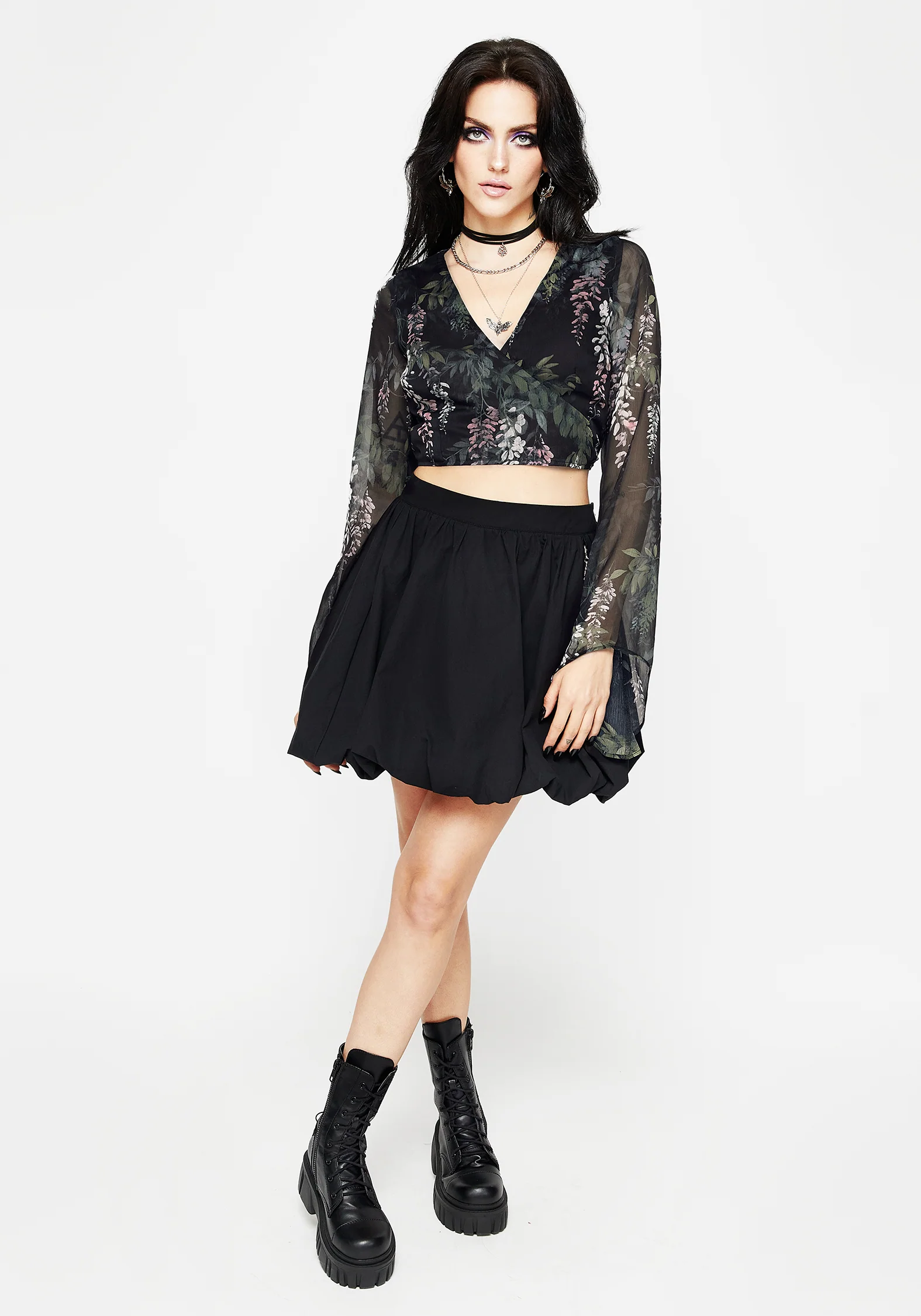 Wisteria Floral Print Chiffon Bell Sleeve Wrap Tie Top - Image 3