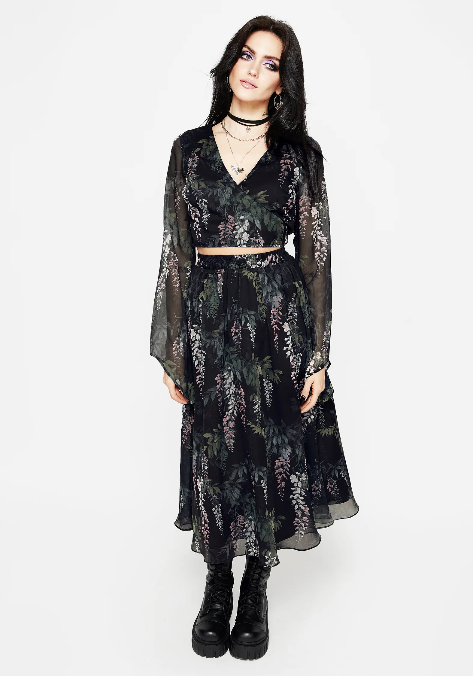 Wisteria Floral Print Chiffon Bell Sleeve Wrap Tie Top - Image 4