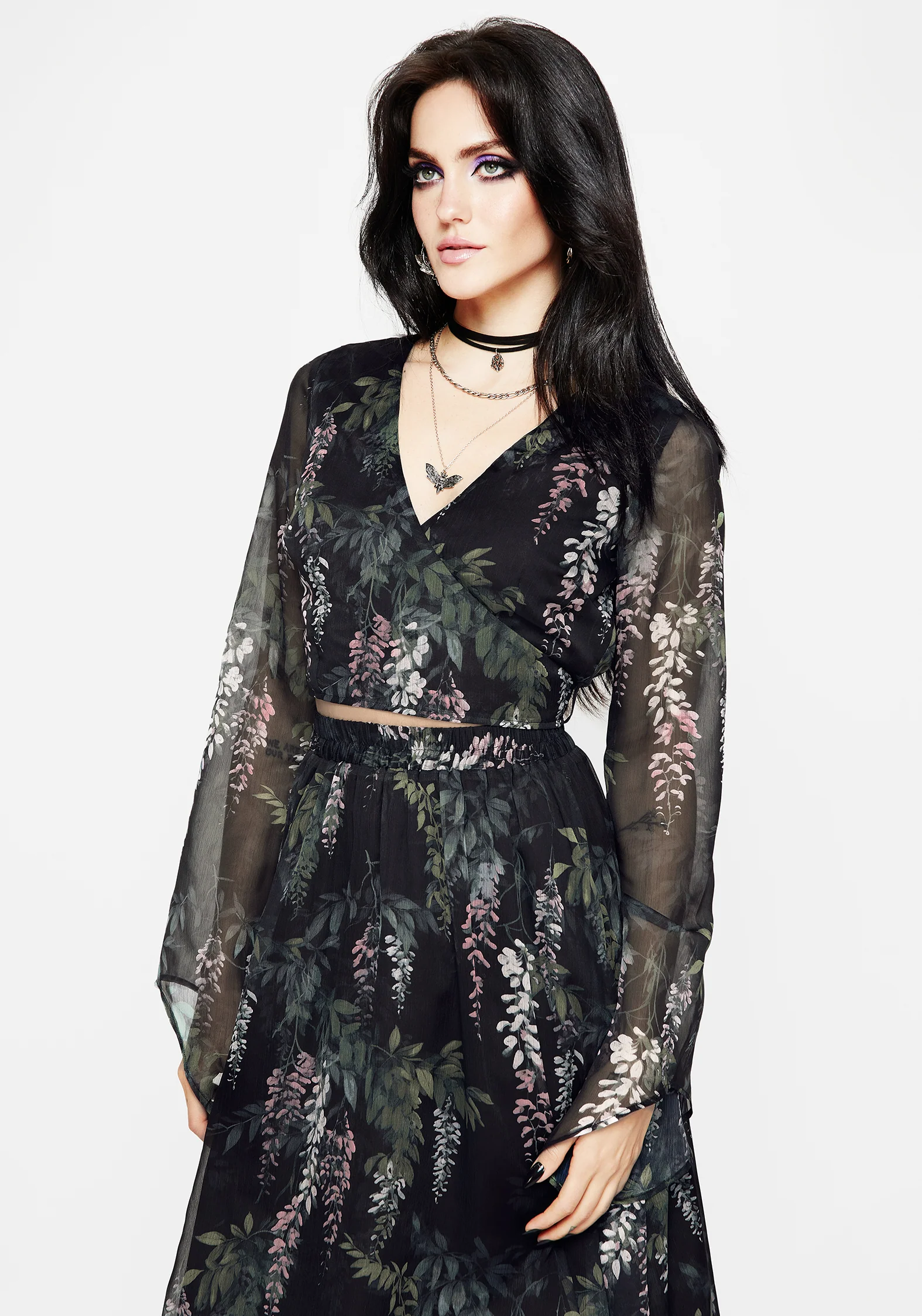 Wisteria Floral Print Chiffon Bell Sleeve Wrap Tie Top - Image 5